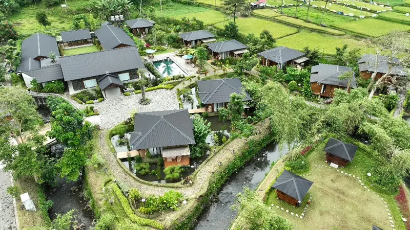 Aerial view of the estate, villas and rice fields