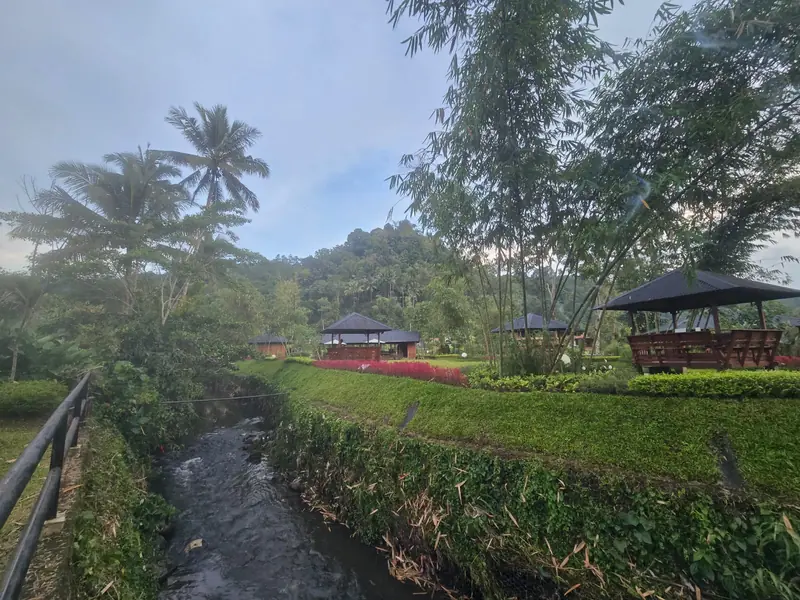 A mountain stream running past the garden gazebos